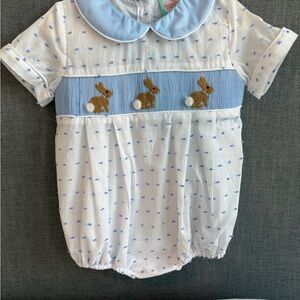 Adorable smocked flamingo white and blue Easter bunny romper